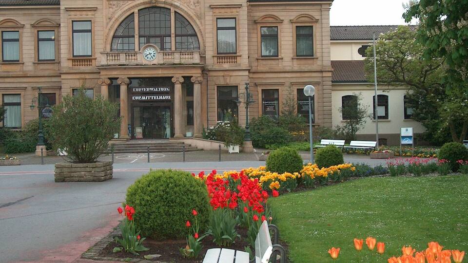 A historic building with a clock, surrounded by a garden with red and orange tulips.