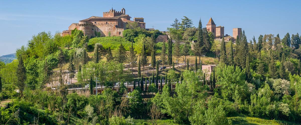 A historic castle on a hill surrounded by lush greenery.