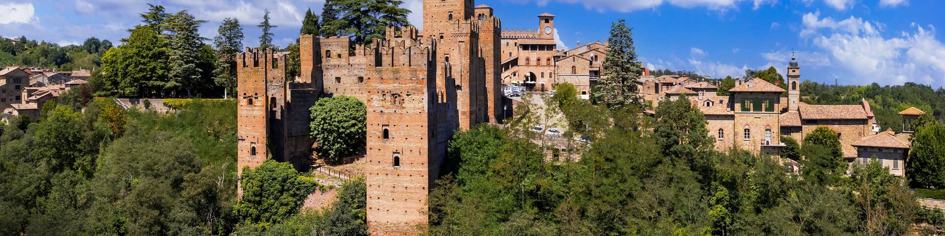 Medieval towns and castles of Emilia Romagna, Italy - Castel Arquato town and Rocca Viscontea castle. aerial view