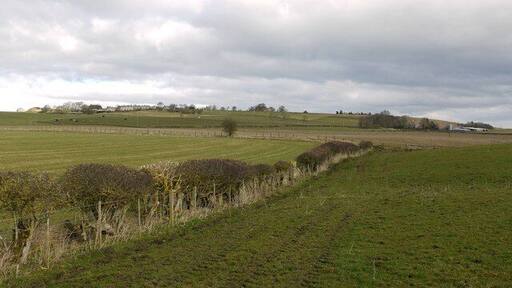 Footpath to Ingoe The footpath follows the hedge then cuts directly over the fields to Ingoe village visible on the hilltop to the left. The farm to the right with the grain silo is Low Hall.