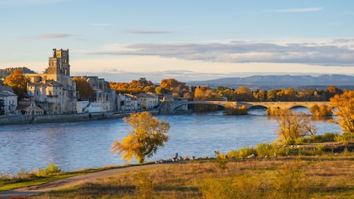 Pont-Saint-Esprit over the Rhone river in Occitanie. Photography taken in France