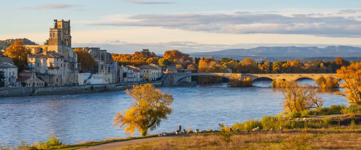 A river with a stone bridge, historic buildings, and autumn trees.