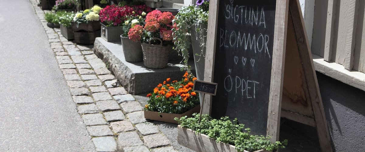 A quaint flower shop on one of the main streets in the charming town of Sigtuna, Sweden.