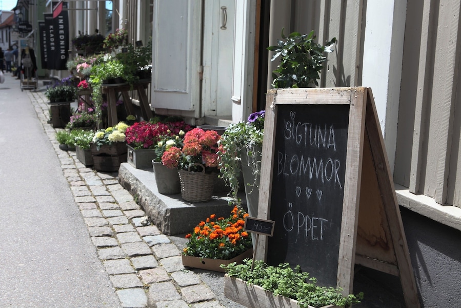 A quaint flower shop on one of the main streets in the charming town of Sigtuna, Sweden.