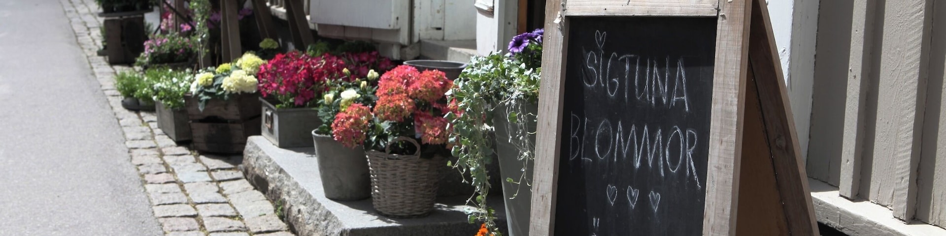 A quaint flower shop on one of the main streets in the charming town of Sigtuna, Sweden.