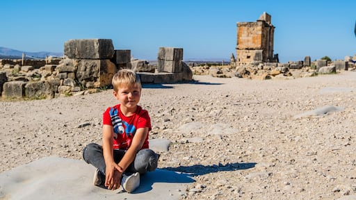 A boy sitting among well-preserved roman ruins in Volubilis, Fez Meknes area, Morocco