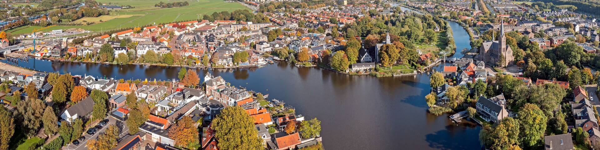 Aerial panorama from the traditional city Oudekerk aan de Amstel in the Netherlands