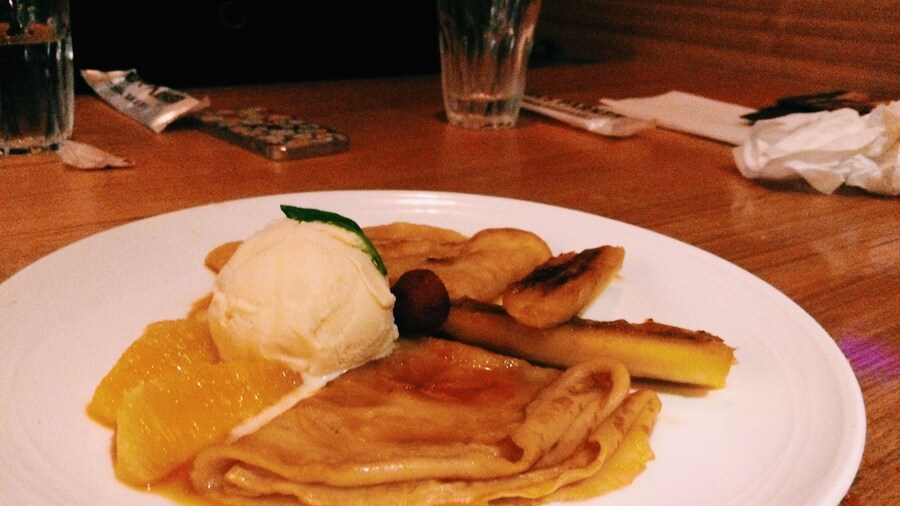 Banana crepe dessert at James Parker