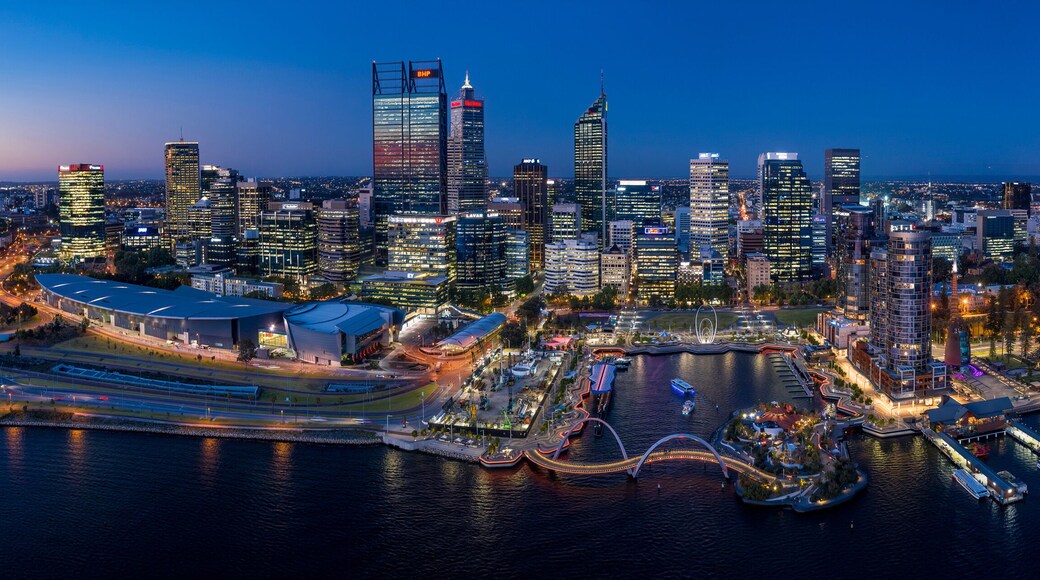 Perth Australia November 5th 2019: Aerial panoramic view of the beautiful city of Perth on the Swan river at dusk