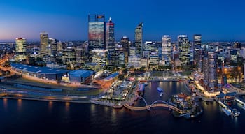 Perth Australia November 5th 2019: Aerial panoramic view of the beautiful city of Perth on the Swan river at dusk