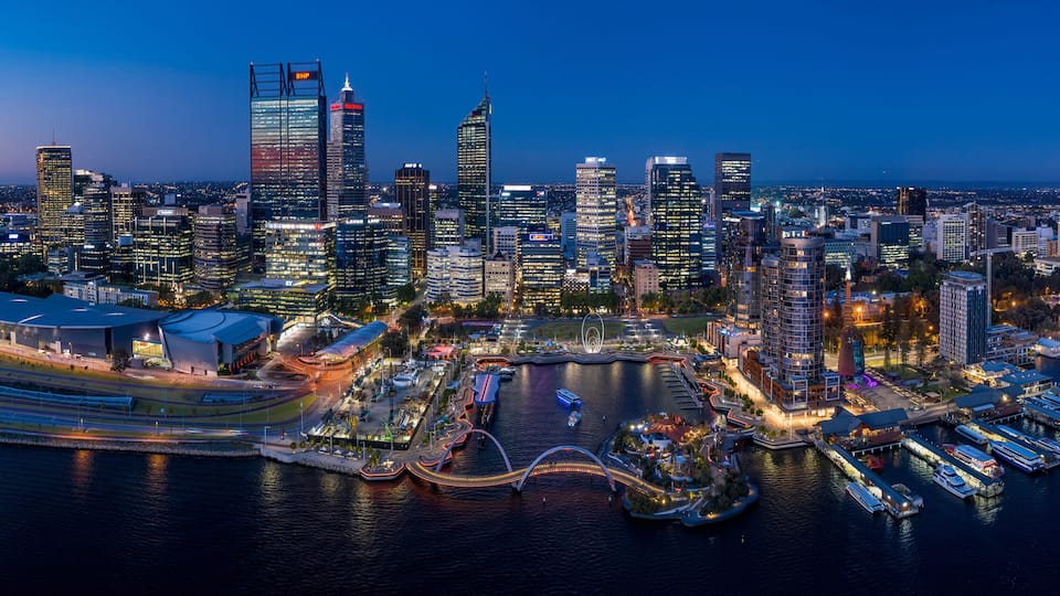 Perth Australia November 5th 2019: Aerial panoramic view of the beautiful city of Perth on the Swan river at dusk