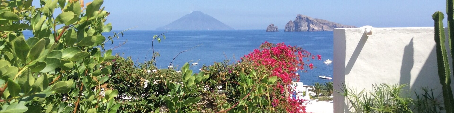 A coastal view with a mountain in the background, a white building, and lush greenery.