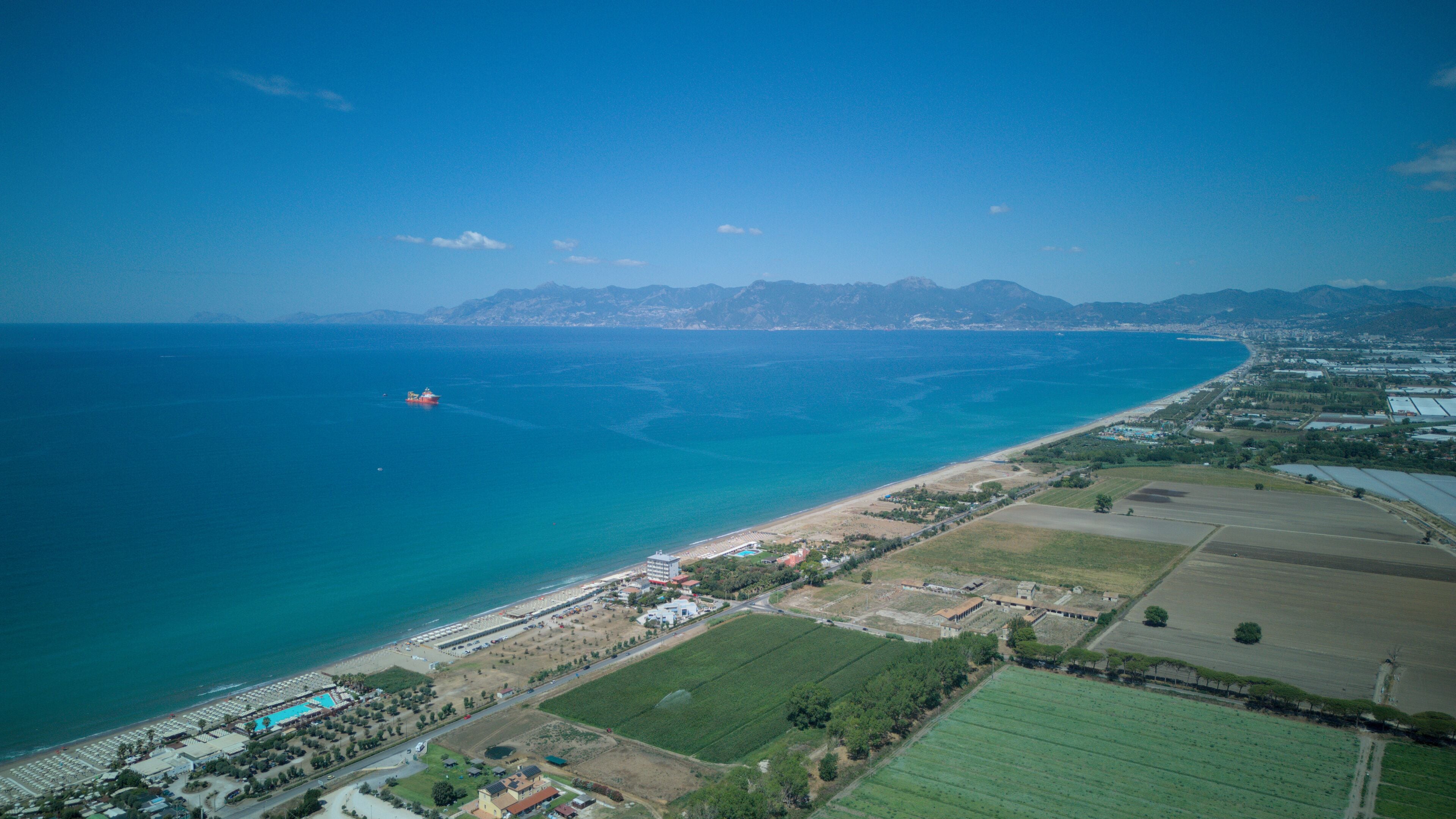 Battipaglia, a town adjacent to the capital city of Salerno, in southern Italy. Drone footage of the coast