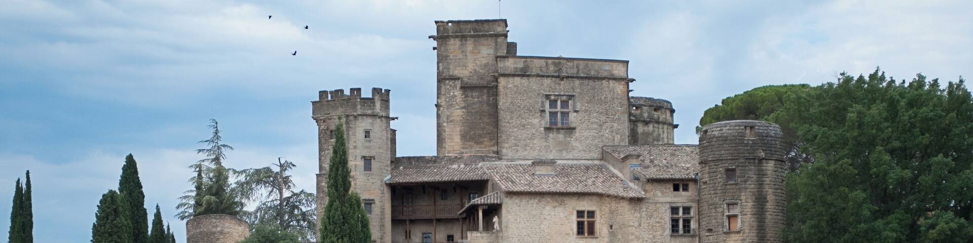 A historic stone castle with multiple towers and turrets, surrounded by trees and a dry field.