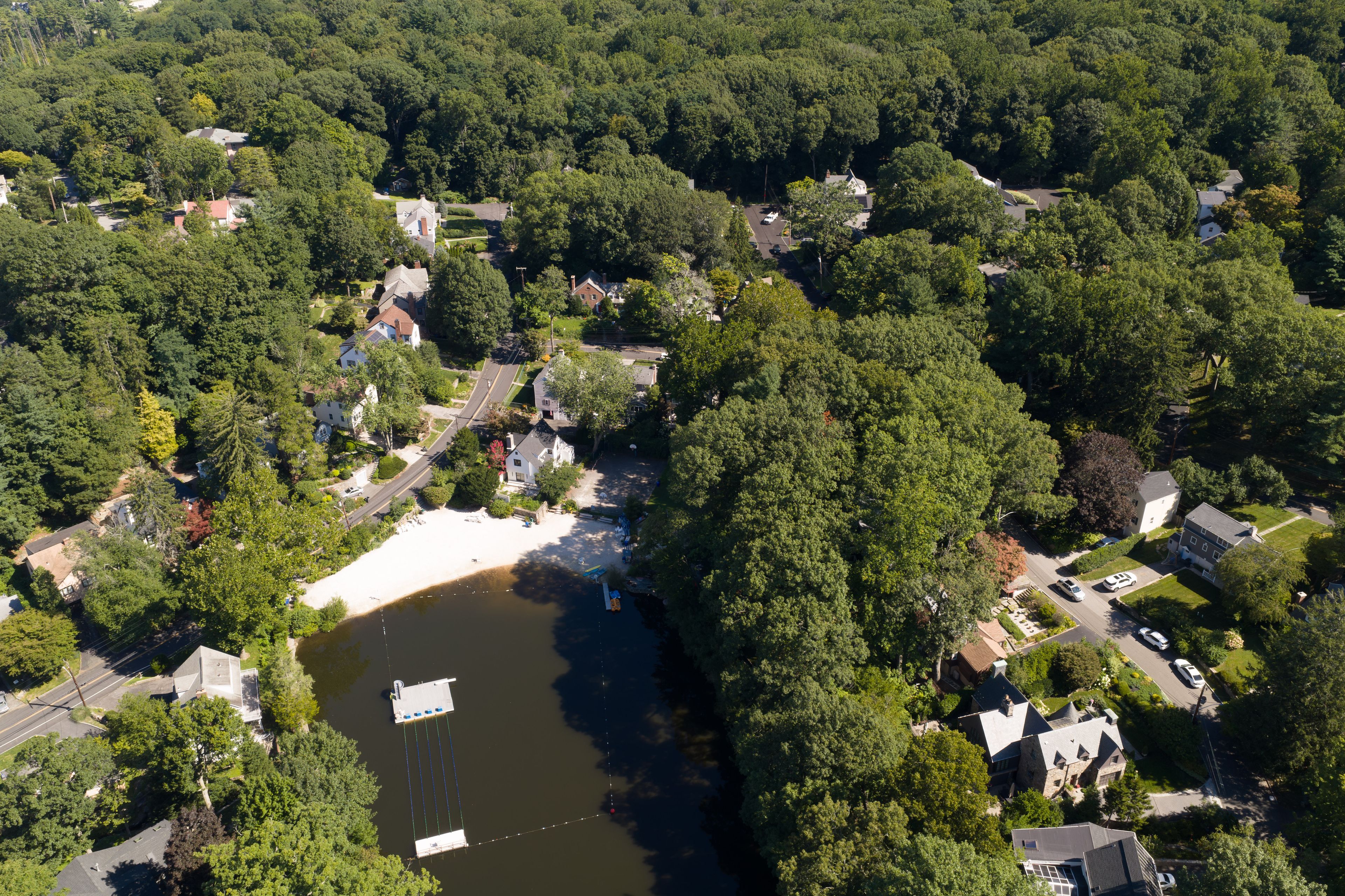 An aerial view of a residential area with a lake, surrounded by dense trees and houses.