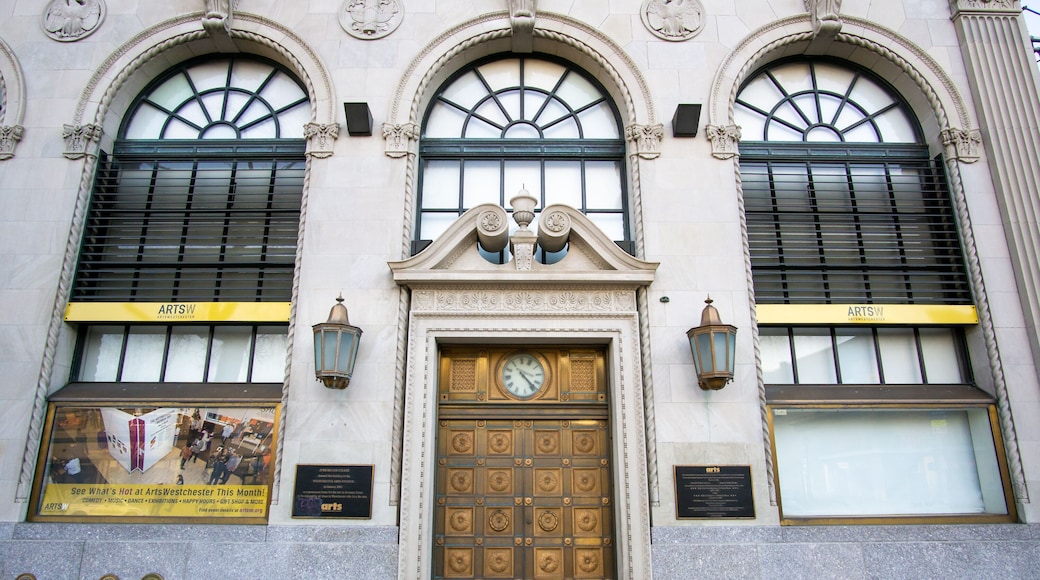 White Plains, NY - USA - Feb 10, 2023 Landscape view of the Arts Westchester Building, nine-story neo-classical bank building at 31 Mamaroneck Avenue, A vibrant cultural destination in White Plains.