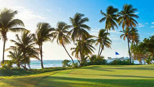 Trinidad and Tobago, Lowlands, Tobago Plantations Estate, View of golf course at seaside