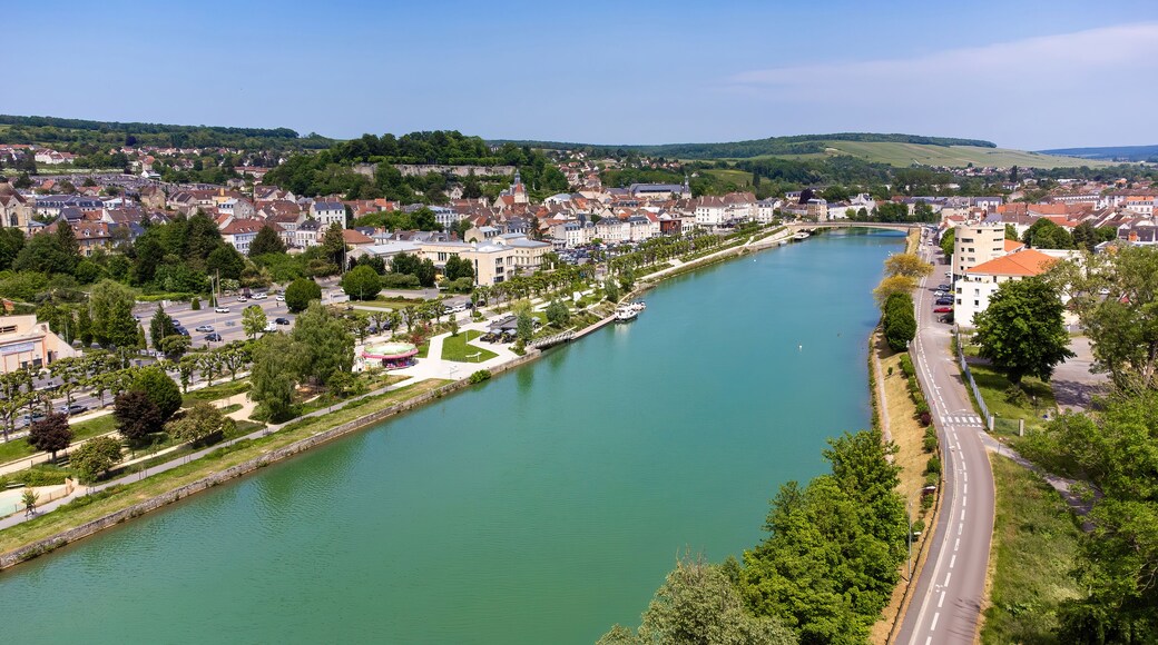 Aerial view of the small town of Château-Thierry overlooked by a mediaeval castle built in the 15th century along the banks of the River Marne in the French department Aisne in Picardie