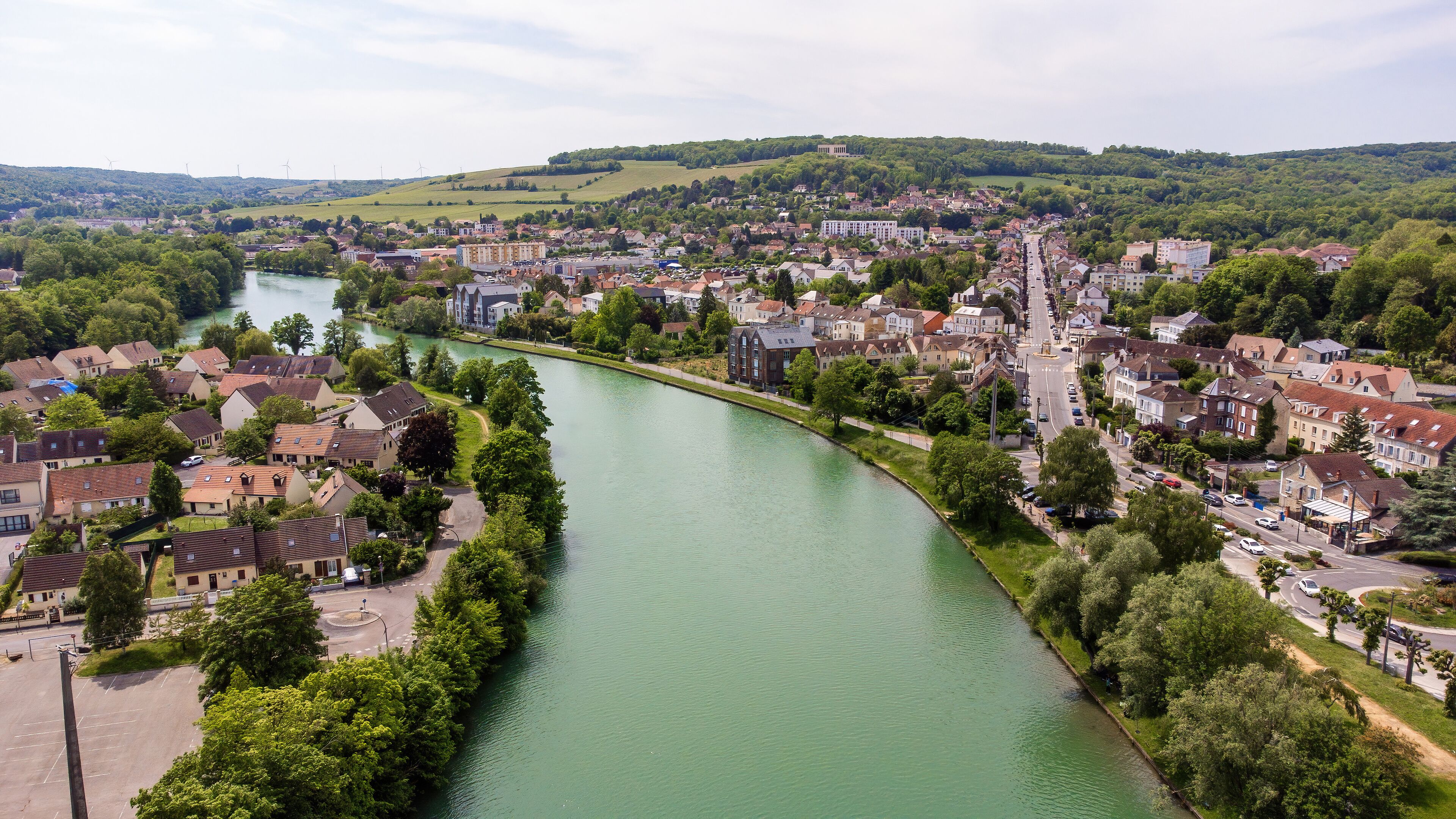 Aerial view of the small town of Château-Thierry and of the American Memorial built on top of a hill in the Valley of the Marne in the French department Aisne in Picardie