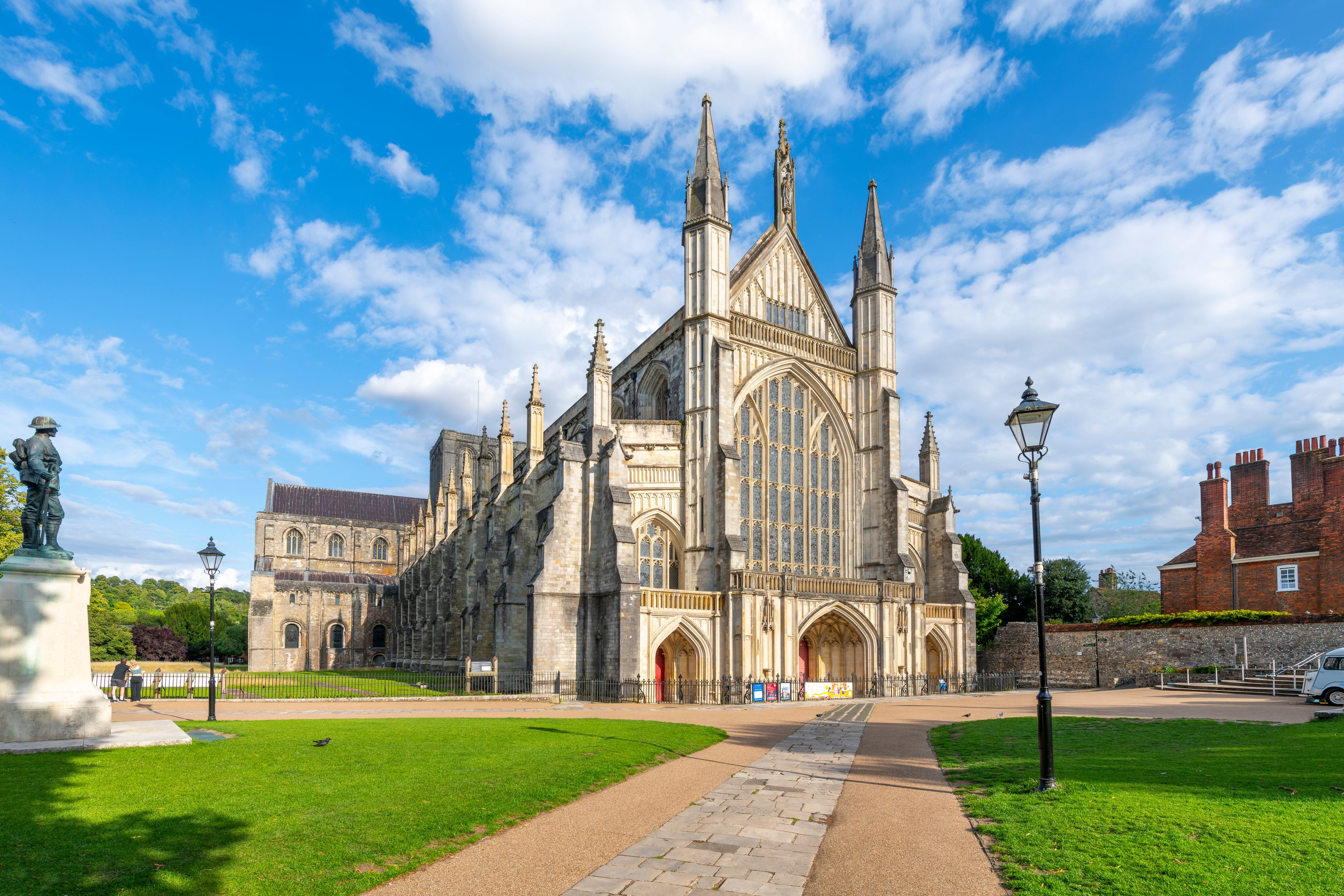 A large cathedral with tall spires and intricate architecture.