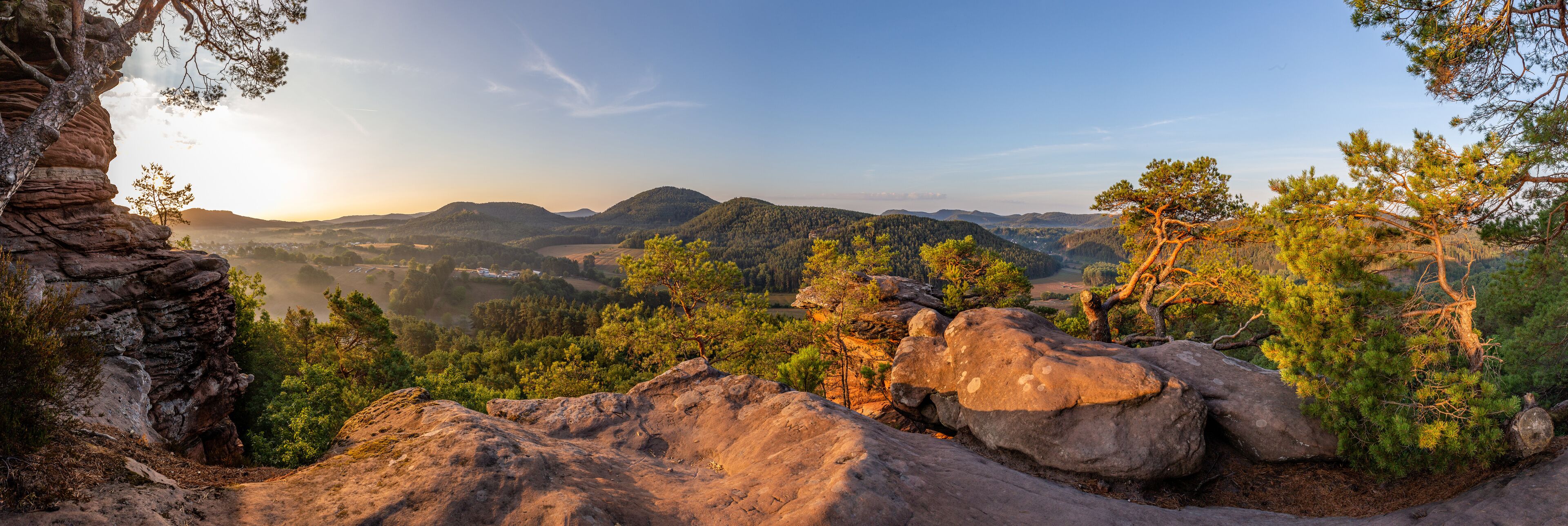 A mountainous landscape with rocky outcrops and pine trees.