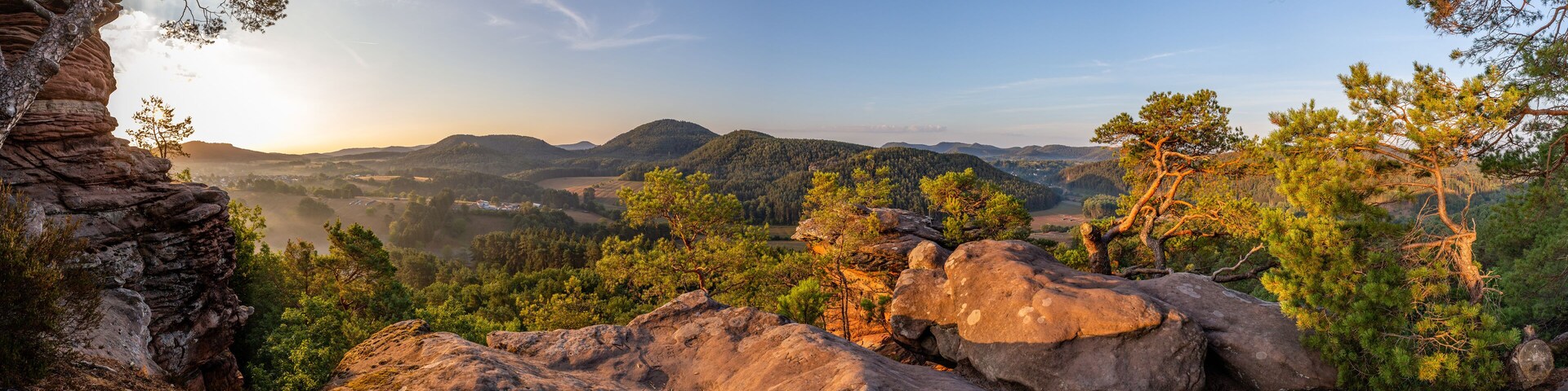 A mountainous landscape with rocky outcrops and pine trees.