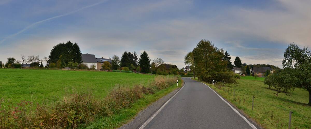 A rural road flanked by fields and trees, leading to houses in the distance.