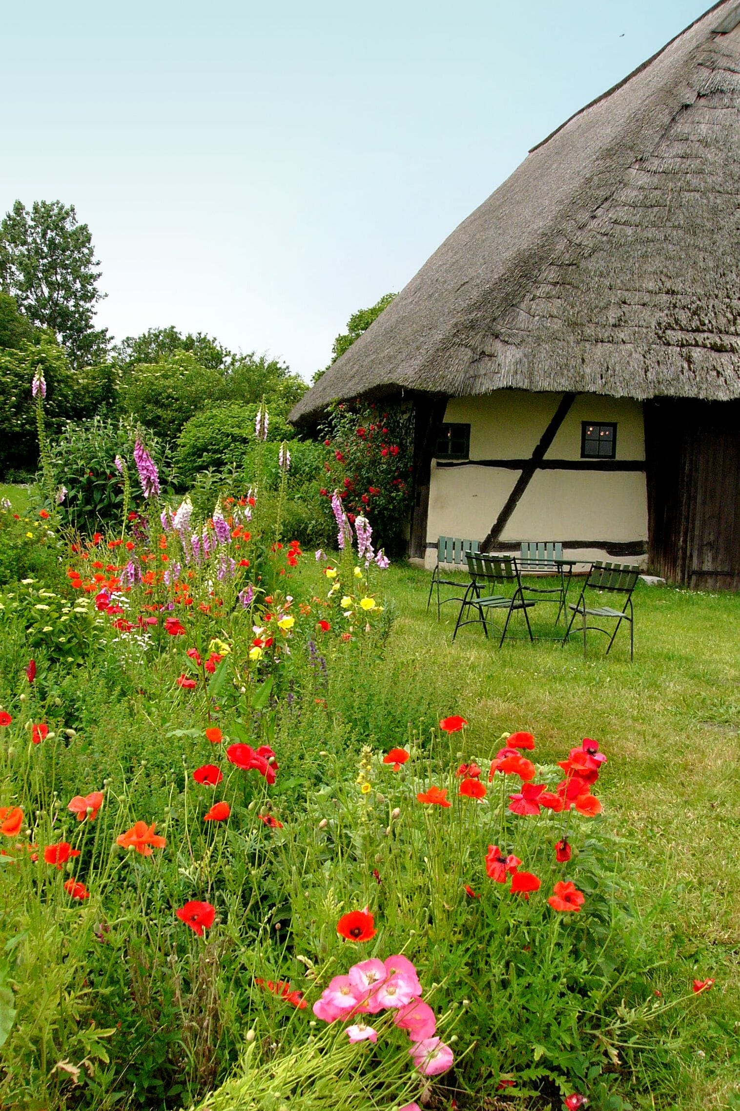 A thatched-roof house surrounded by a vibrant garden with various flowers and a bench.