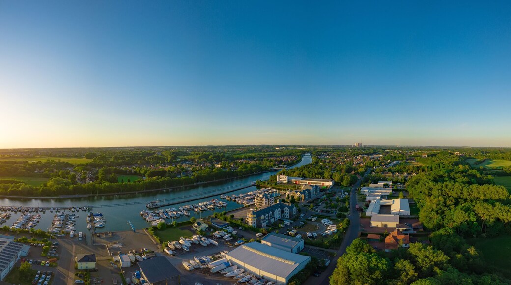 Panoramic sunset drone landscapes over the small yacht port in Luenen in Germany