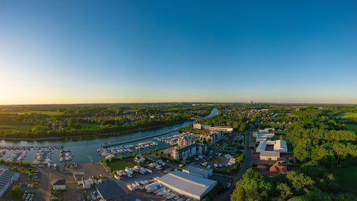 Panoramic sunset drone landscapes over the small yacht port in Luenen in Germany