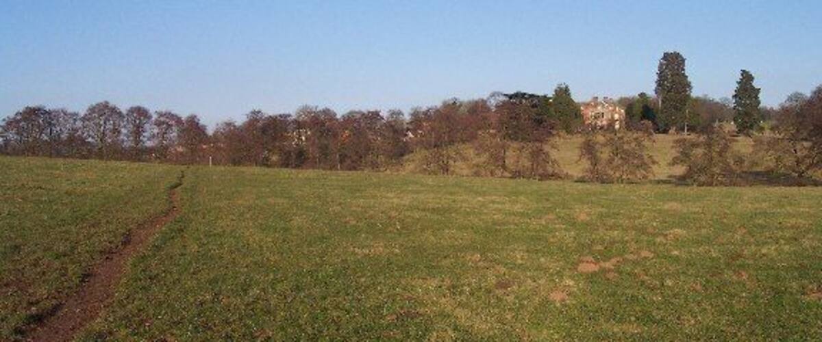 A grassy field with a dirt path leading to a building surrounded by trees.