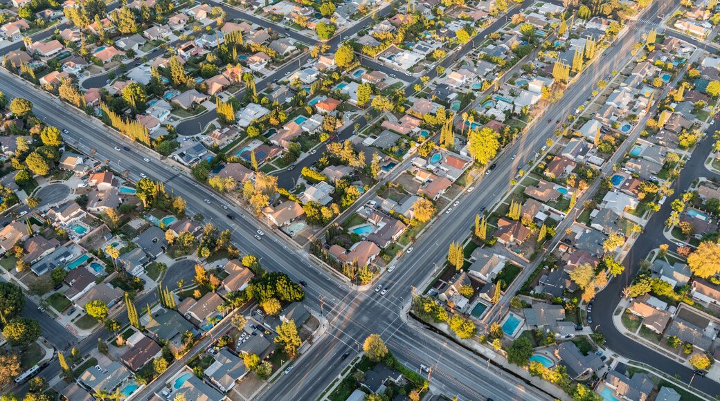 Aerial view of streets and homes near Lassen St and Winnetka Ave in the San Fernando Valley region of Los Angeles, California.