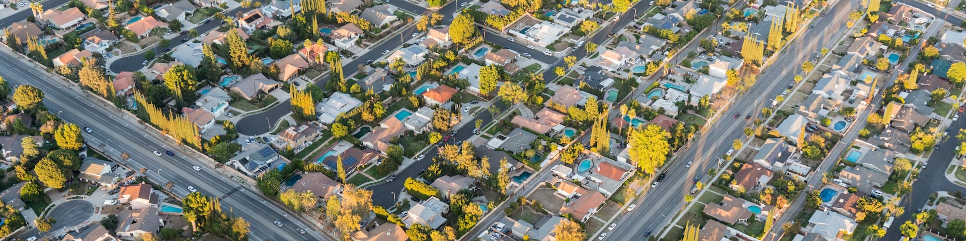 Aerial view of streets and homes near Lassen St and Winnetka Ave in the San Fernando Valley region of Los Angeles, California.
