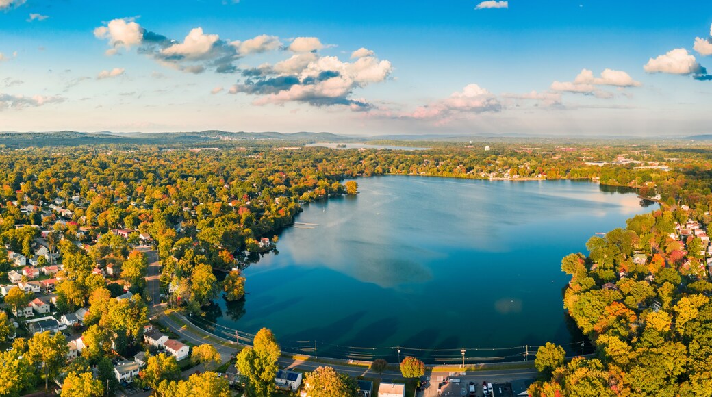Aerial panorama of Lake Parsippany, in New Jersey, on an sunny autumn afternoon