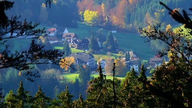 Un village niché dans une vallée, entouré d’arbres aux couleurs automnales et de maisons pittoresques.