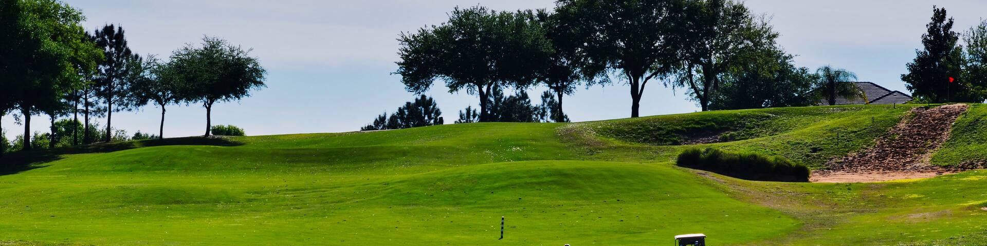 A golf course with a golfer, sand bunkers, and trees.