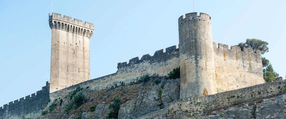A medieval castle with two prominent towers and a fortified wall.
