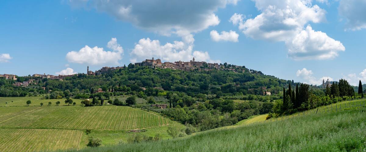 A hilltop town with historic buildings, lush green fields, and a clear blue sky.