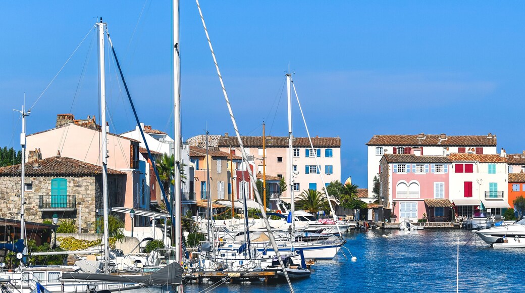 A view of Port Grimaud, provencal and mediterranean village on the French Riviera, in Provence-Alpes-Côte d'Azur, Var, south of France during a sunny summer day with a blue sky in the background