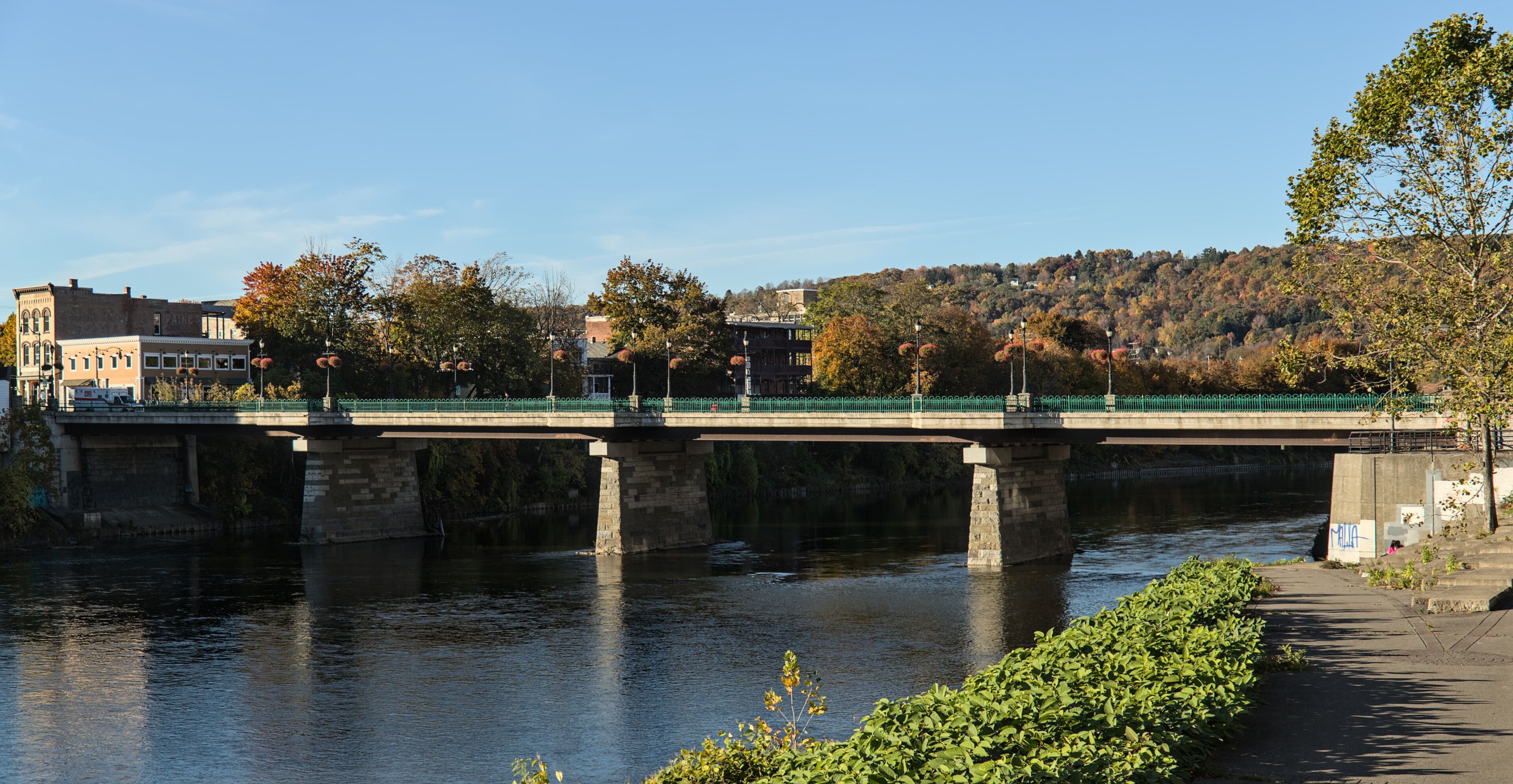 view of court street bridge in downtown binghamton, new york (town in broome county, southern tier) chenango river, court street