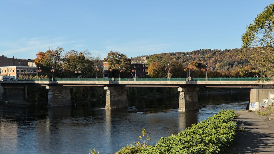 A bridge over a river with buildings and trees in the background.