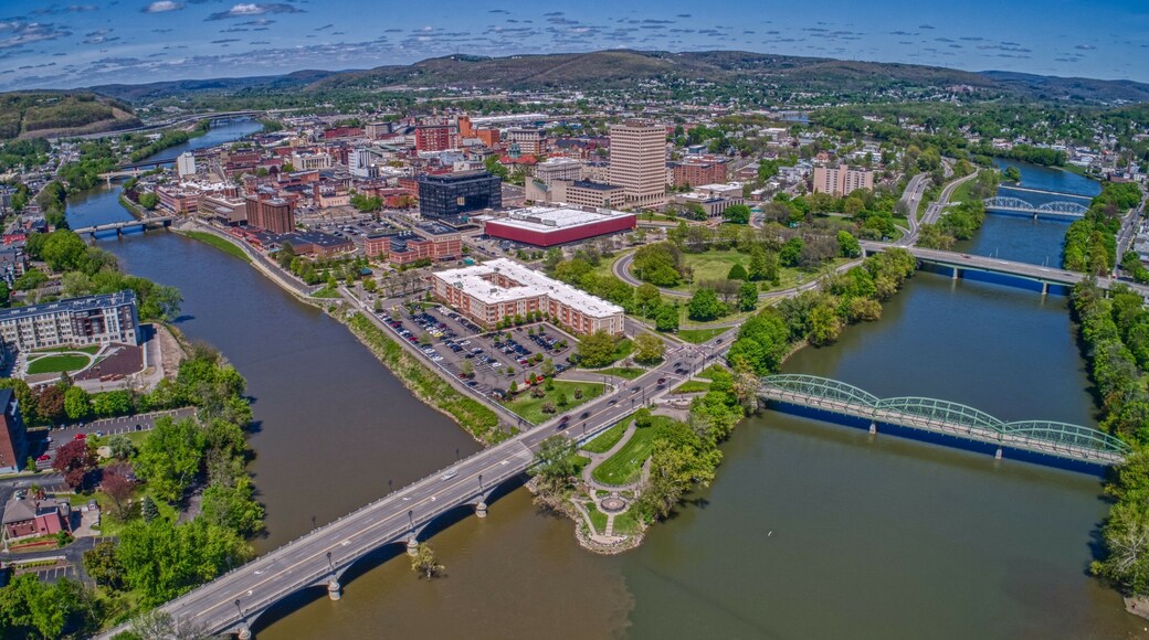 Aerial view of Binghamton, NY at the confluence of the Susquehanna and Chenango Rivers