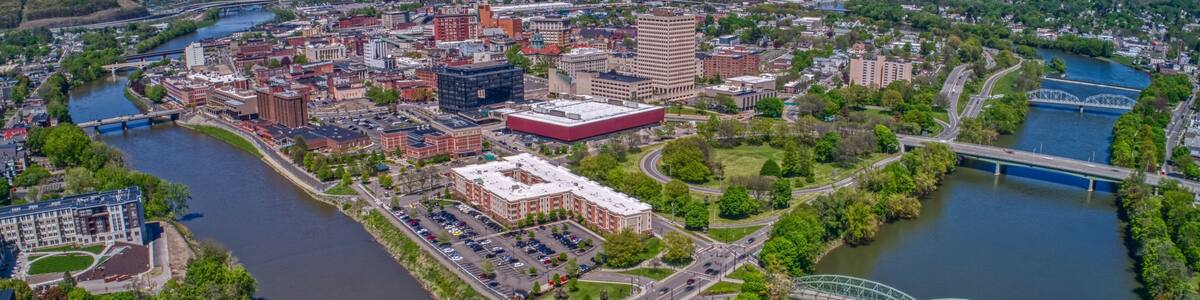 Aerial view of Binghamton, NY at the confluence of the Susquehanna and Chenango Rivers
