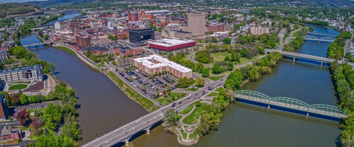 Aerial view of Binghamton, NY at the confluence of the Susquehanna and Chenango Rivers