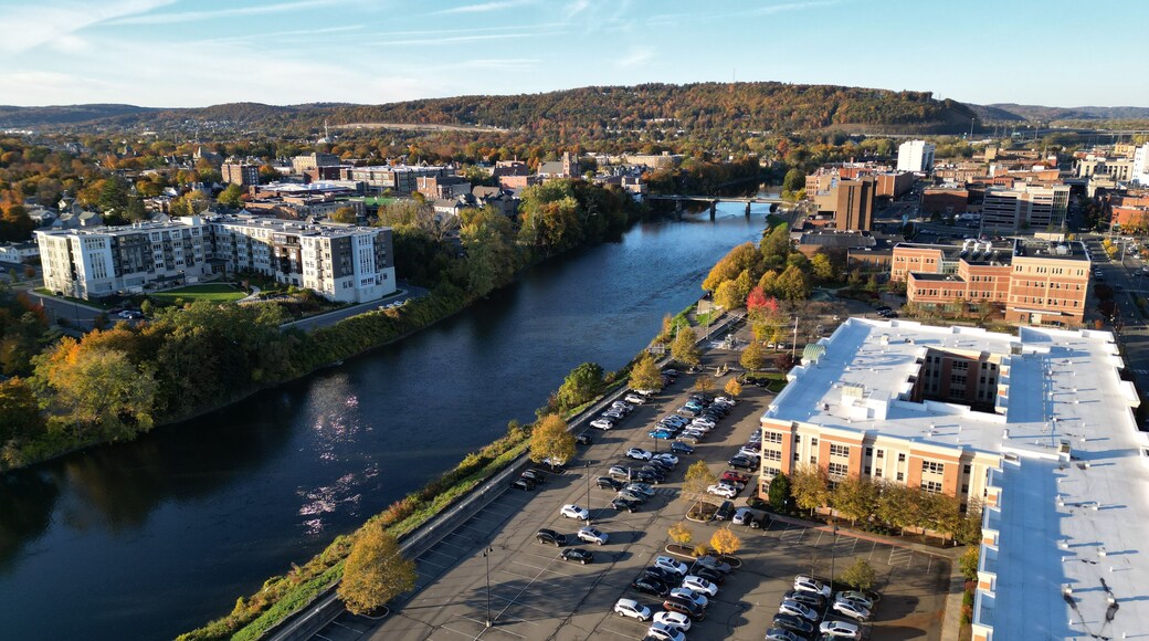 view of chenango river in downtown bighamton new york (southern tier, small town usa) aerial view from above
