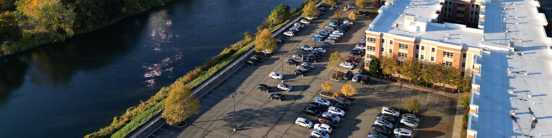 view of chenango river in downtown bighamton new york (southern tier, small town usa) aerial view from above