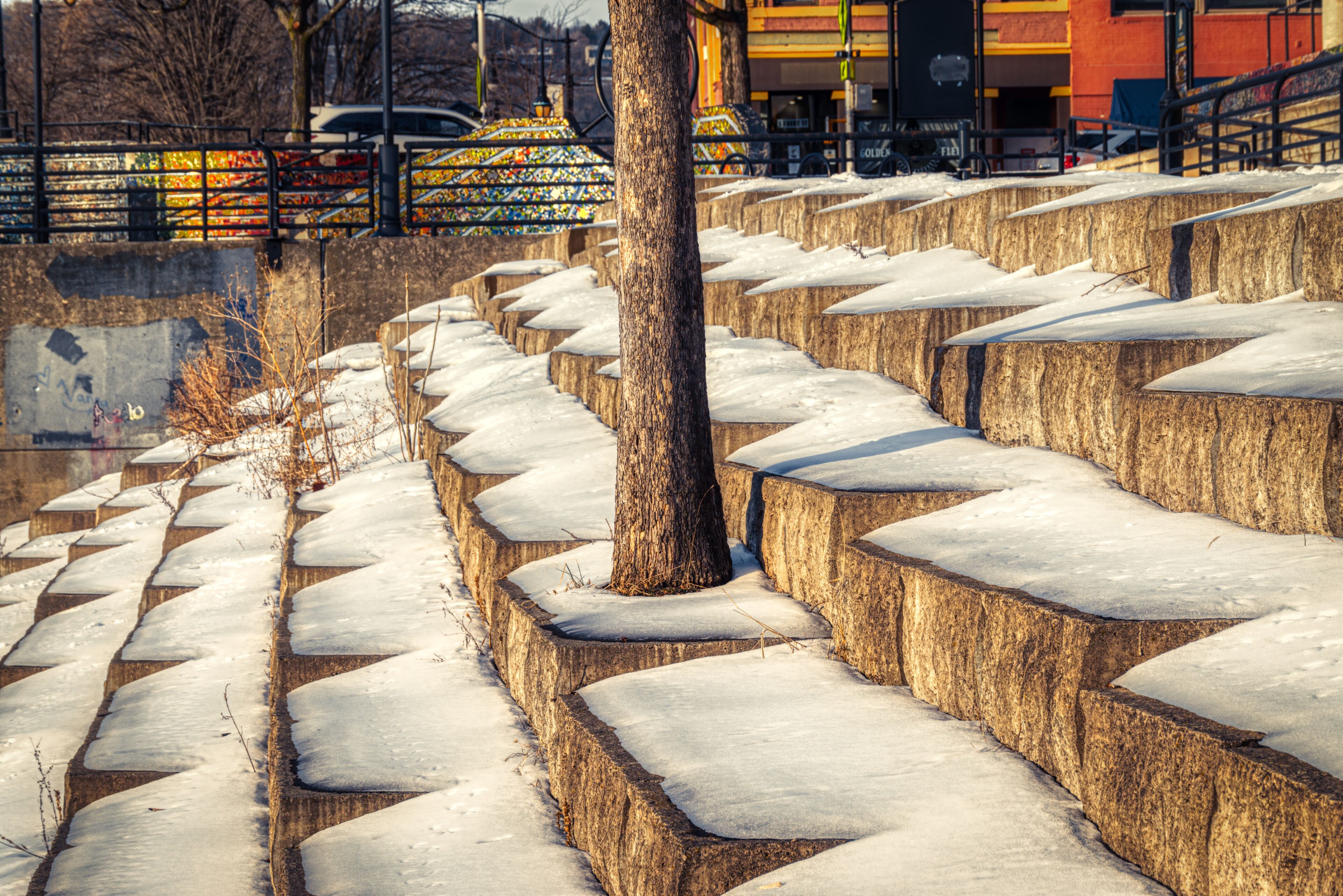 A stone block retaining wall along the Binghamton NY Riverwalk with a lone tree growing tall. Snow covers the blocks that make up this flood retaining wall.