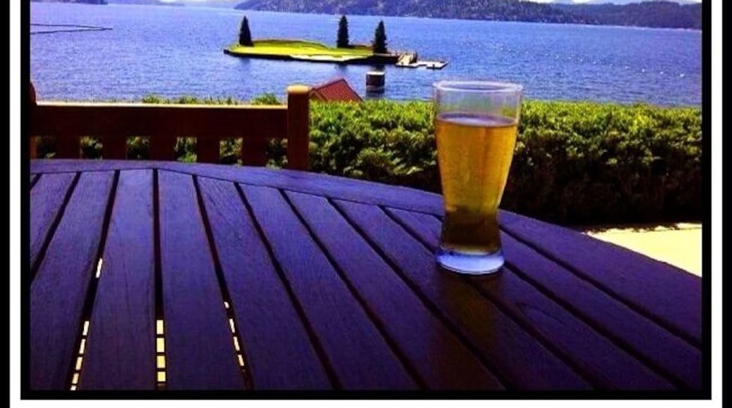 Enjoying a Kokanee overlooking the famous floating green.