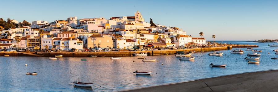 Un pueblo costero con edificios blancos, una iglesia destacada y numerosos barcos en el agua.