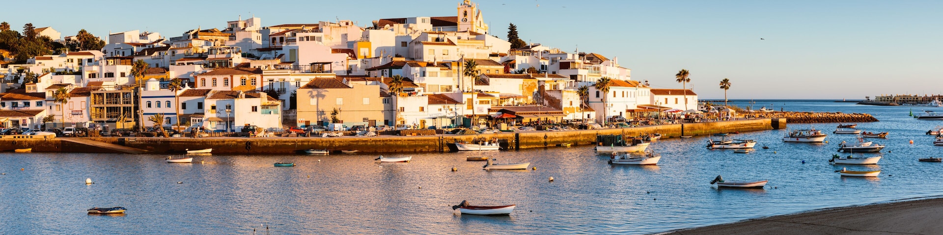 A coastal town with white buildings, a prominent church, and numerous boats on the water.